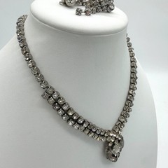 Vintage 1940s 1950s Rhinestone Necklace Earrings Set Smoky Gray Dangle