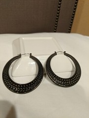 Vintage Earrings Hoop Wire Closure Hollow Metal Embossed Damask Motif Large