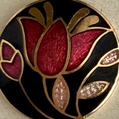 Vintage Fine Enamel Round Stud Earrings Floral Red Black Gold .50in Ladies 5.3g