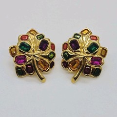Joan Rivers Leaf Earrings Pierced Crystal Multicolored Gold tone Vintage 1.25 in