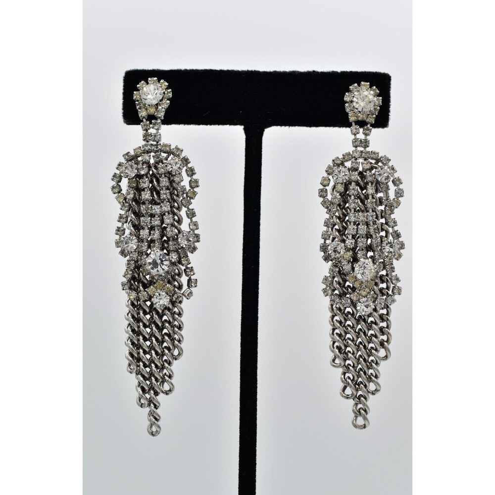 Vintage Crystal Fringe Earrings Silver Chain Drip Chunky Dangle Chandelier 9C
