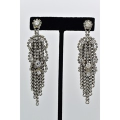 Vintage Crystal Fringe Earrings Silver Chain Drip Chunky Dangle Chandelier 9C
