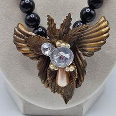 VINTAGE Art Deco Black and Copper Tone Statement Beaded Necklace