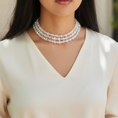 Vintage Aurora Borealis Crystal Necklace 3 Strand Clear Glass Choker Collar AB
