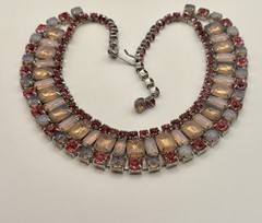 Vintage Juliana Style Pink Art Glass Rhinestone Statement Necklace Silver Tone