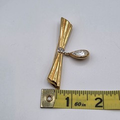 Monet Gold Tone Bow Brooch with Teardrop Crystal Dangle Pin Vintage Signed