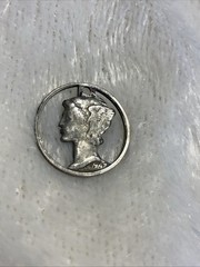 1942 MERCURY DIME 90% SILVER STERLING CUT OUT CHARM PENDANT WITH HOLE
