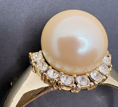 Vintage AJC Ring Brooch Clear Rhinestones Faux Pearl Gold Tone
