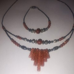 Vtg Southwest Silver Beads W Goldstone Fringe Design Necklace And Bracelet Set
