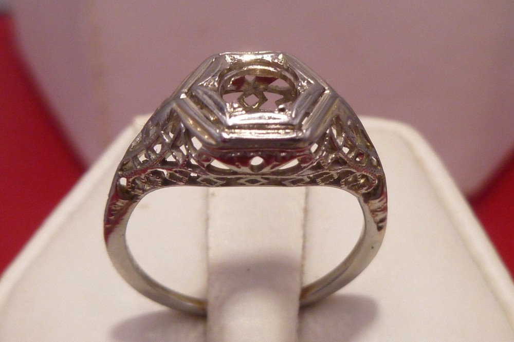 Art Deco Belais Bros Antique Filigree 18k White Gold Ring Wedding Engagement