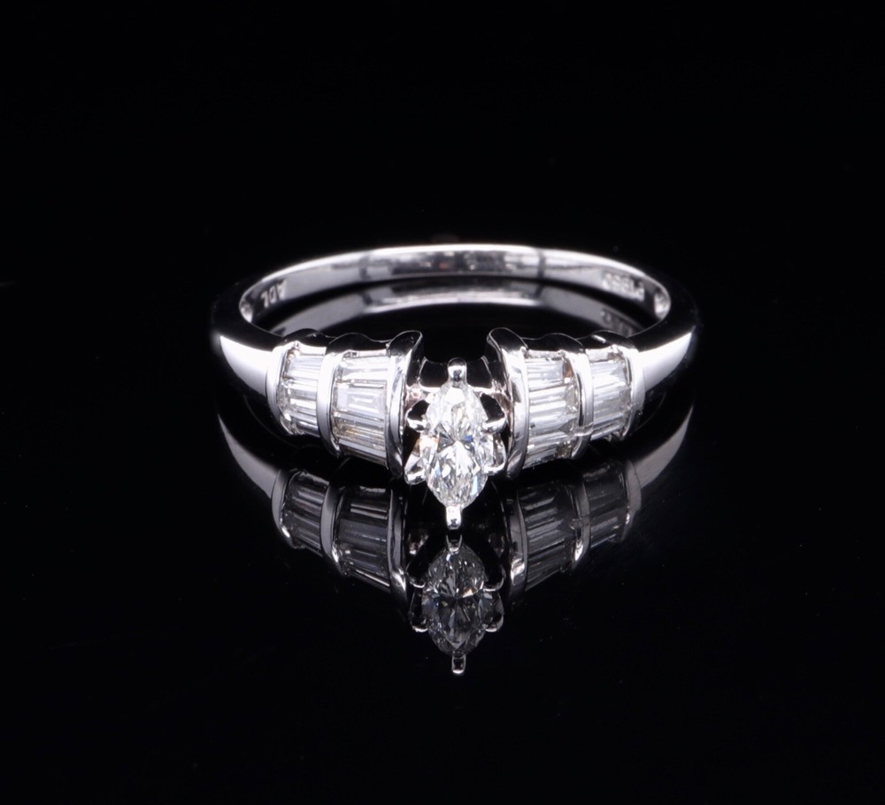 Vintage 0.30 Marquise 0.42 Tapered Baguette Diamond Set Platinum Ring Val $6650