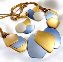 VTG RUNWAY DECO MONET “ALL THAT JAZZ” METALLIC BLUE GP NECKLACE EARRINGS ’85