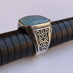 Ancient Vintage Victorian Sterling Silver Ring Engraved Aquamarine Stone Size9.5