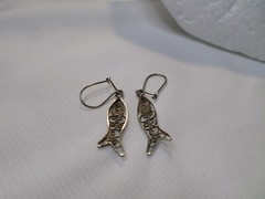 Vintage Filigree Spun Silver Rustic Fish Drop Dangle Wire Pierced Earrings