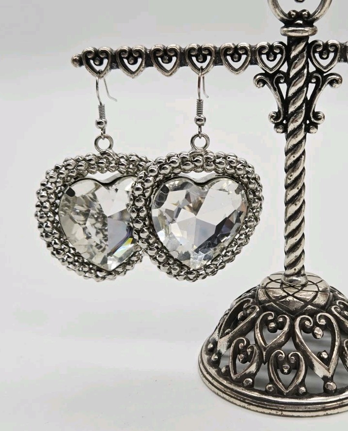 Heart Crystal Earring Silver Tone Pierced Dangle Couture Rhinestone 3D 2.5 in