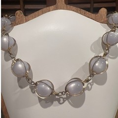 Vtg Coro Gold Tone Lavender Moon Glow Cabochon Cage Necklace Earrings Set