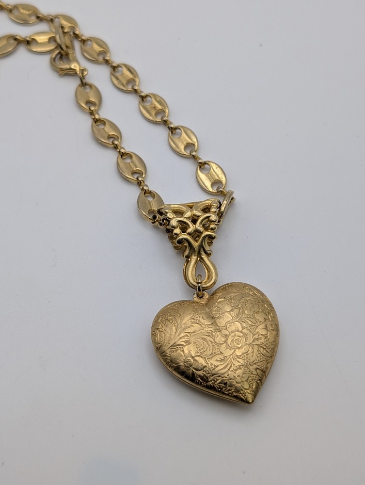 Vintage Floral Heart Locket Pendant 16″ Mariner Coffee Bean Link Chain