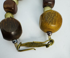 Vintage Brass Pendant Necklace Large Tribal Style Medallion Wood Metal Beads 30″