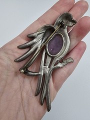 Vintage Pot Metal Jelly Belly Purple Lucite Parrot Brooch Silvertone Rhinestone
