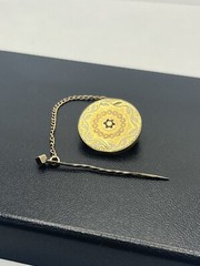 Victorian antique gold tone round brooch pin chain etched enamel flower design
