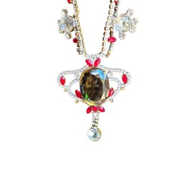 Vtg Signed Husar D Czech Glass Festoon Necklace Green Center Red Accent Stones