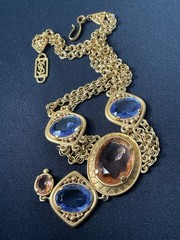 Vintage YSL Yves Saint Laurent Pink and Blue Glass Eye Gold Plated Necklace