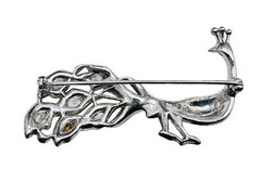 Vintage Art Deco Pave Rhinestone Peacock Brooch Rhodium Plated