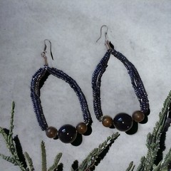 Beaded Hoop Earrings Black Dangle Large Metallic Bohemian Lightweight Vtg Witchy