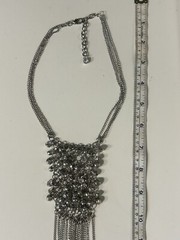 Vintage Silver Toned Bib Necklace with Multiple Rhinestones & Tassels