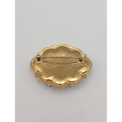 Vintage Gold Tone Scalloped Brooch Pin Pink Cabochon Faux Seed Pearl 2 Inch