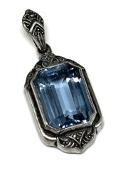 German Art Deco Pendant 835 Silver Ornate Blue Crystal Emerald Cut Vintage