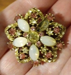 Vintage 1960s Pink Rhinestone Faux Pearl Flower Brooch Gold Tone Costume Jewelry