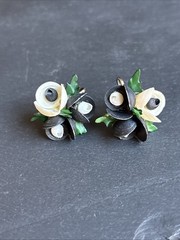 Real Seashell Flower Earrings Vintage White and Black Shells Screw Back Closure