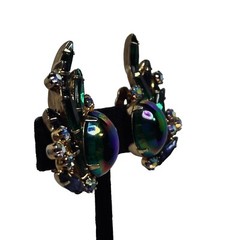 Hattie Carnegie Iridescent Peacock Colored Climber Clip On Earrings Signed