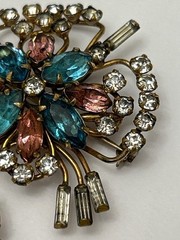 Quill 12K GF Gold-Filled Pink & Blue Floral Rhinestone Brooch Pin Vintage 1950s