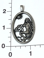 Mermaid Pewter Ladies Metal Pendant Charm Art Deco Oval 2.5 inches