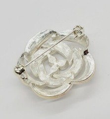 Flower Brooch White Crystal PAVE Silver Tone 1.25 in Vintage Signed
