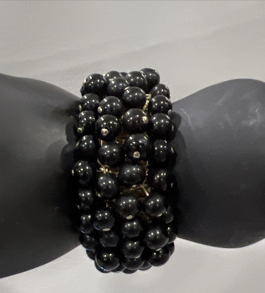 Glass Bead Expandable Bracelet Black Round Cha Cha Dangle Gold Tone Japan Capri