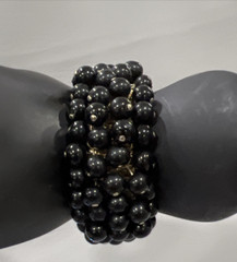Glass Bead Expandable Bracelet Black Round Cha Cha Dangle Gold Tone Japan Capri