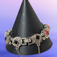 Vintage Victorian Revival Slide Bracelet Silver Tone Cameo Charm Safety Chain