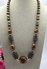 Vintage Art Deco Style 3-Tone Beaded Necklace Gold Silver Copper Geometric 21 in