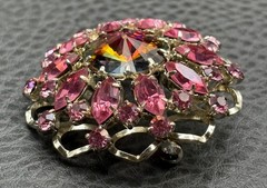 Vintage Rivoli Aurora Borealis Pink Rhinestone Brooch Pin Filigree Silver Tone