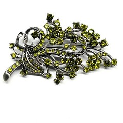 VTG Floral Spray Bow Pin Brooch Sparkling AB Peridot Green Crystal Rhinestones