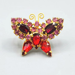 Vintage Petite Butterfly Red Pink Rhinestone Gold Tone Figural Pin Brooch
