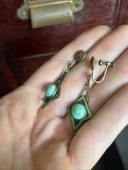 1920s Art Deco Dangle Earring Green Enamel And Stone Brass Clover Screw Back