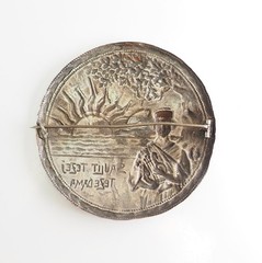 Antique large ethnic folk woman w harp relief round silver pin brooch Latvia