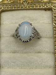 Vintage Opalite Glass Oval Ring Silver Tone Filigree Setting Size 6 Witchy Gift