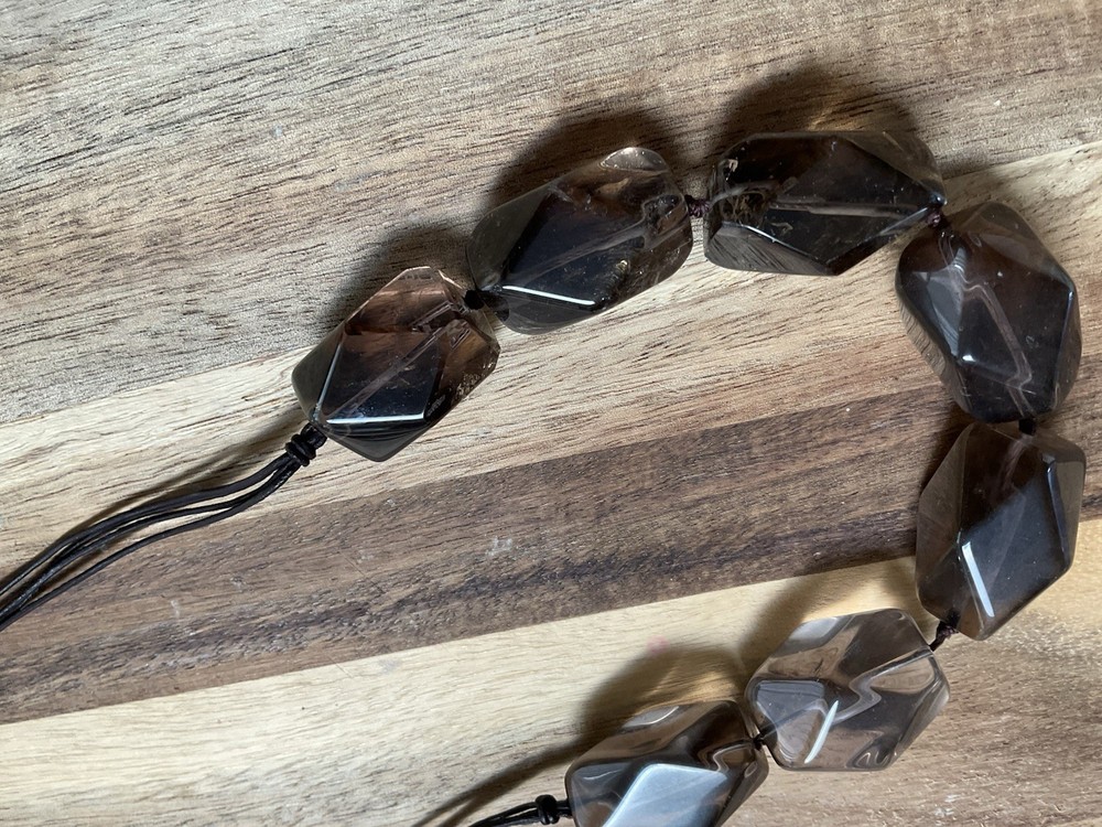 Vintage Smoky Quartz Chunky Necklace Black Cord 925 Clasp