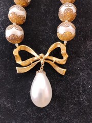 Vtg Big Faux Filigree Pearl Necklace Signed CRAFT Rose Gold Tone Rhinestone Bow
