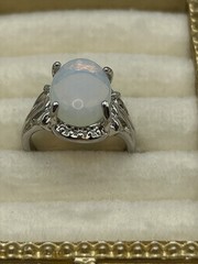 Vintage Opalite Glass Oval Ring Silver Tone Filigree Setting Size 6 Witchy Gift